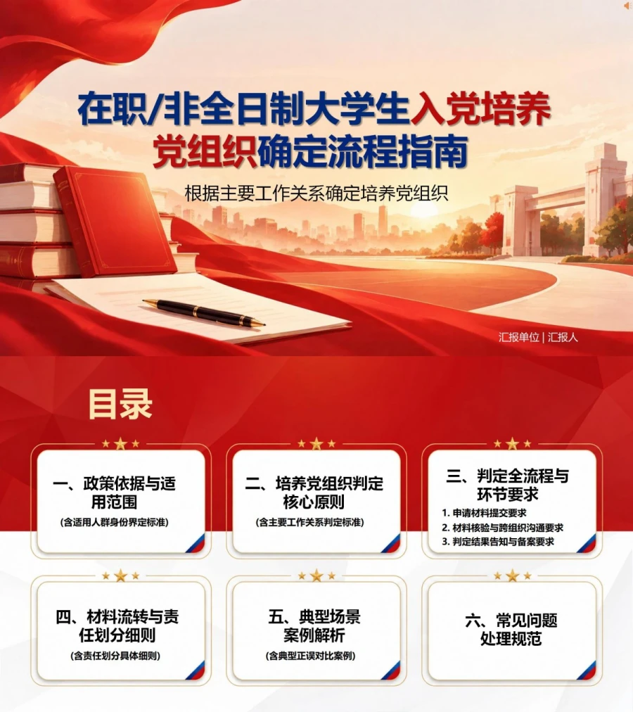 在职大学生入党流程PPT：根据主要工作关系确定培养党组织｜课件+讲稿封面图1
