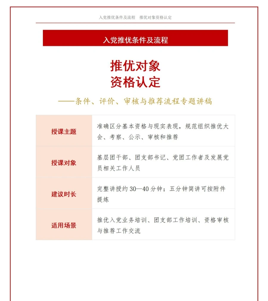 入党推优条件及流程PPT：推优对象资格认定｜课件+讲稿讲稿预览1