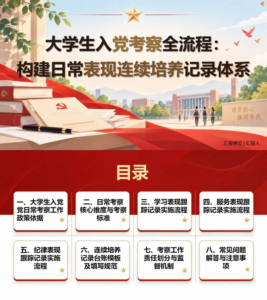 大学生入党考察流程PPT：用日常表现形成连续培养记录｜课件+讲稿封面图1