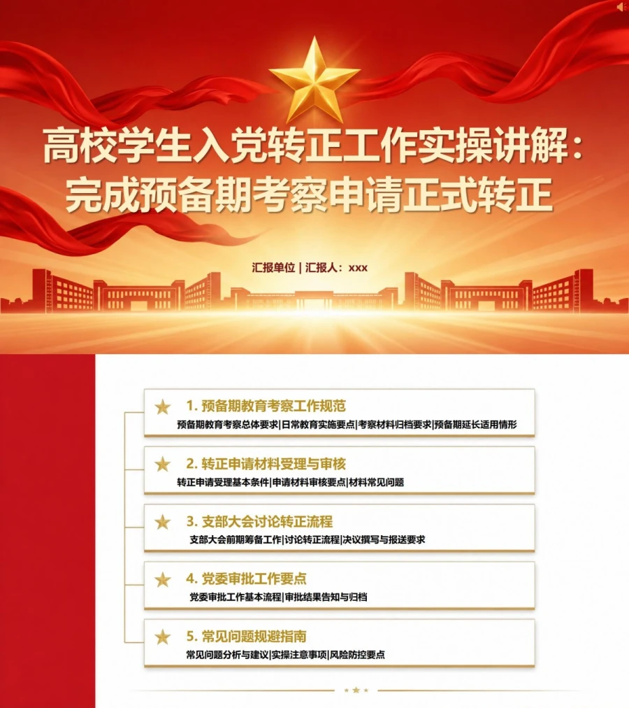 大学生入党转正流程PPT：完成预备期考察申请正式转正｜课件+讲稿封面图1