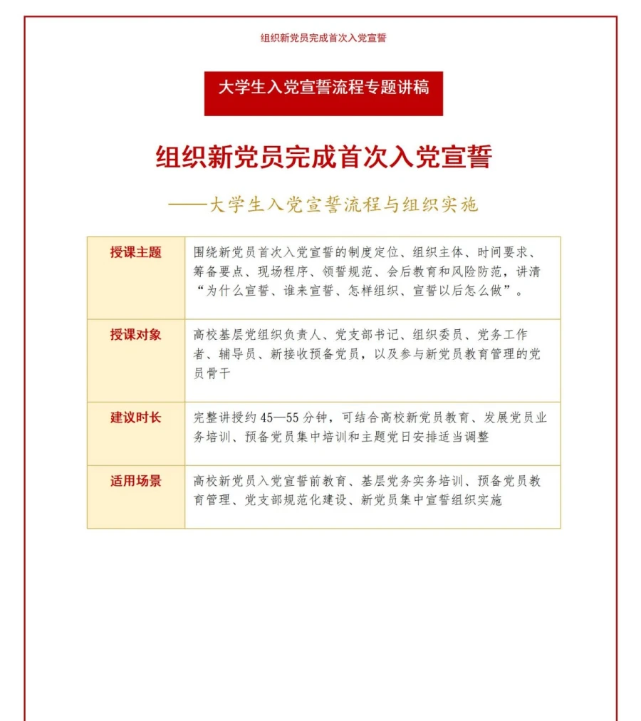 大学生入党宣誓流程PPT：组织新党员完成首次入党宣誓｜课件+讲稿讲稿预览1