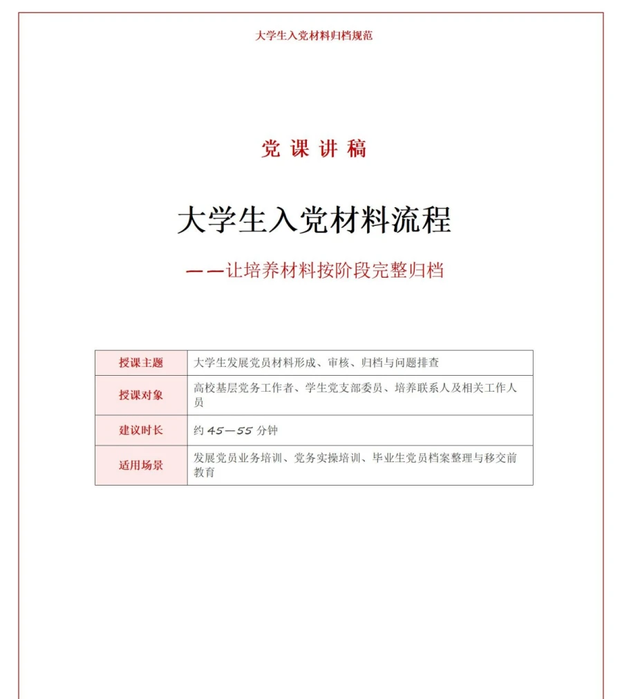 大学生入党材料流程PPT：让培养材料按阶段完整归档｜课件+讲稿讲稿预览1