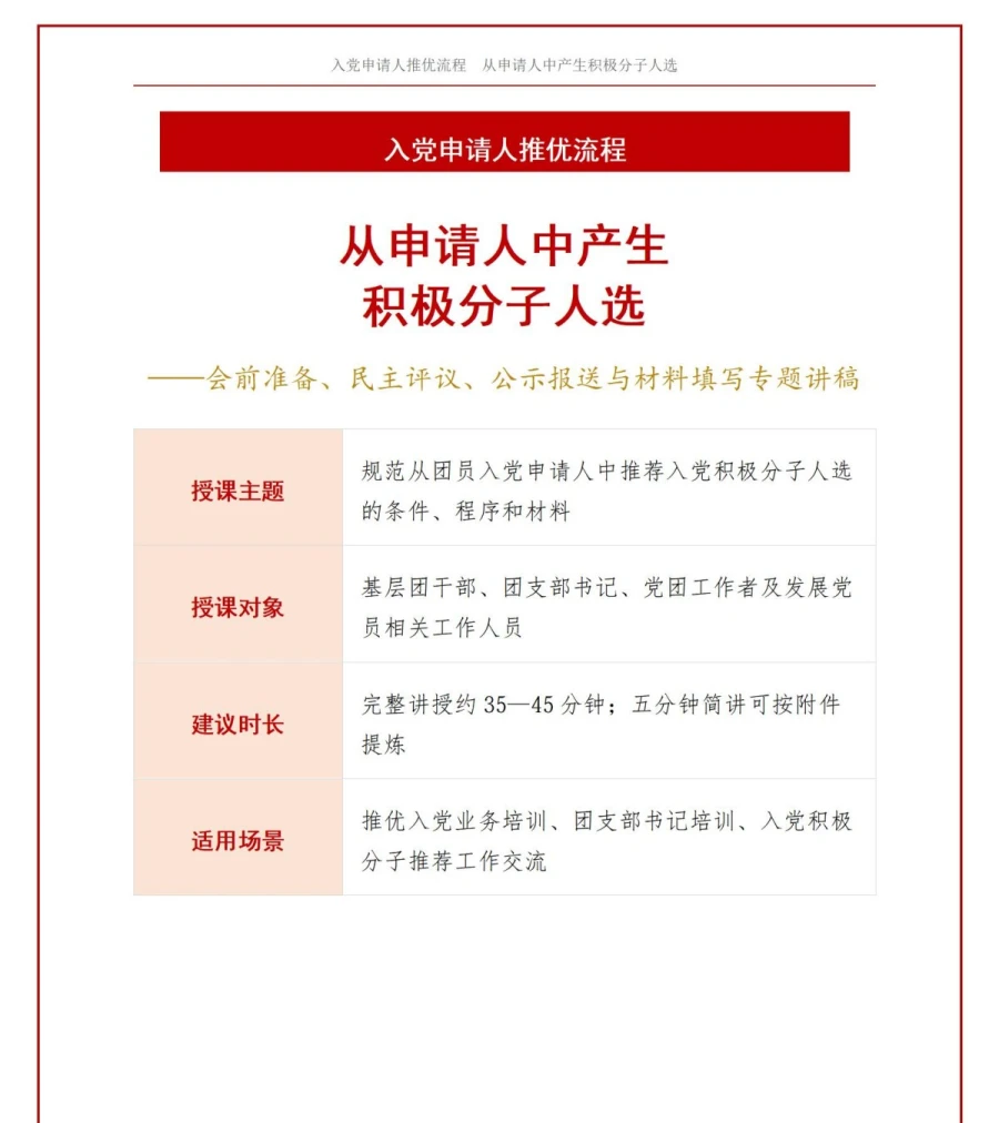 入党申请人推优流程PPT：从申请人中产生积极分子人选｜课件+讲稿讲稿预览1