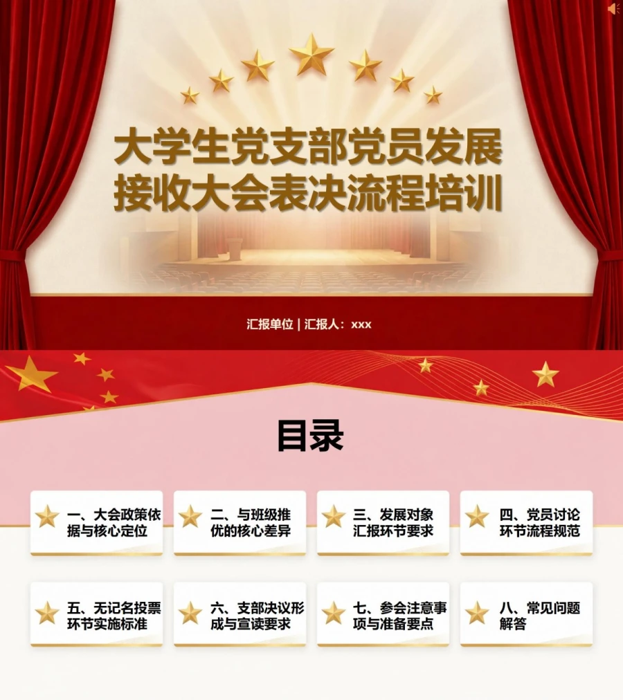 大学生入党表决流程PPT：通过支部大会形成接收决议｜课件+讲稿封面图1