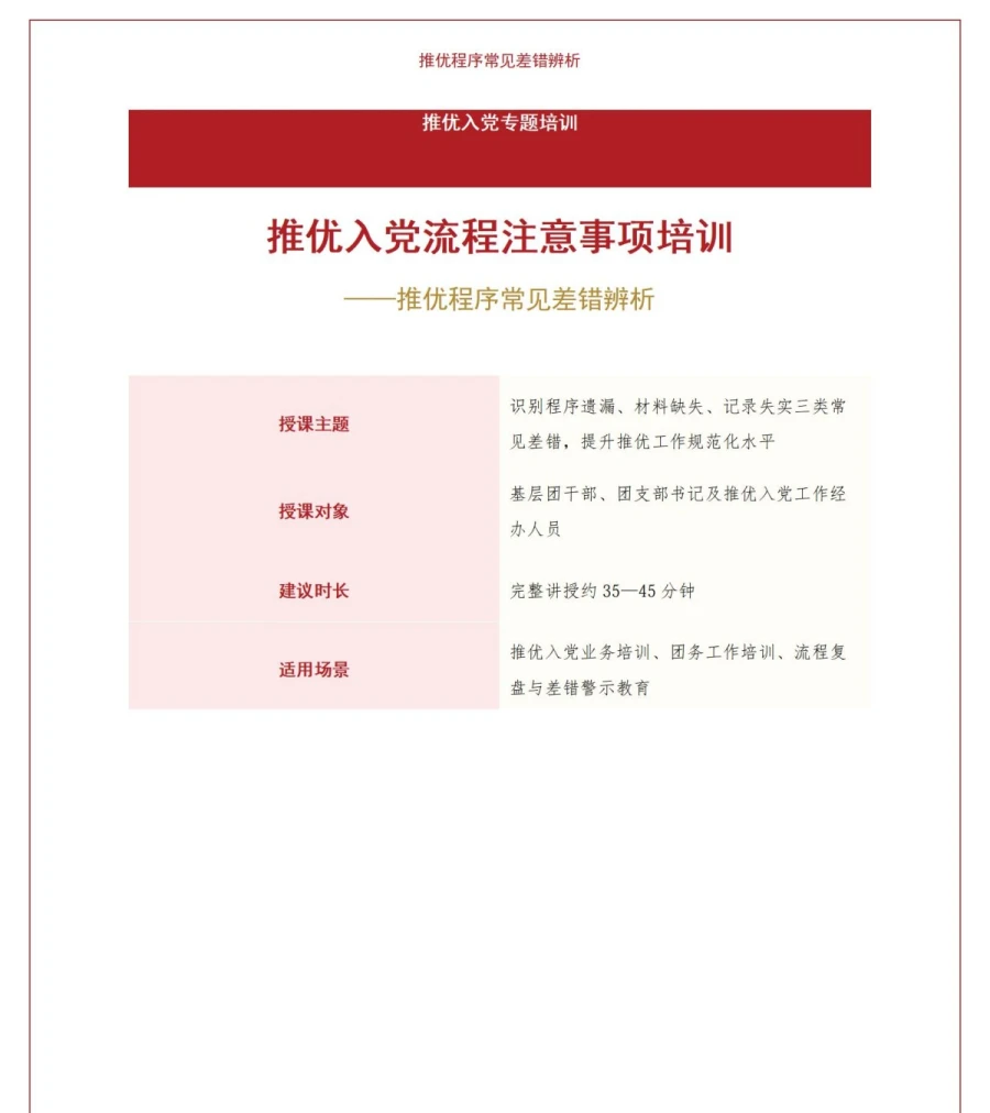 推优入党流程注意事项PPT：推优程序常见差错辨析｜课件+讲稿讲稿预览1