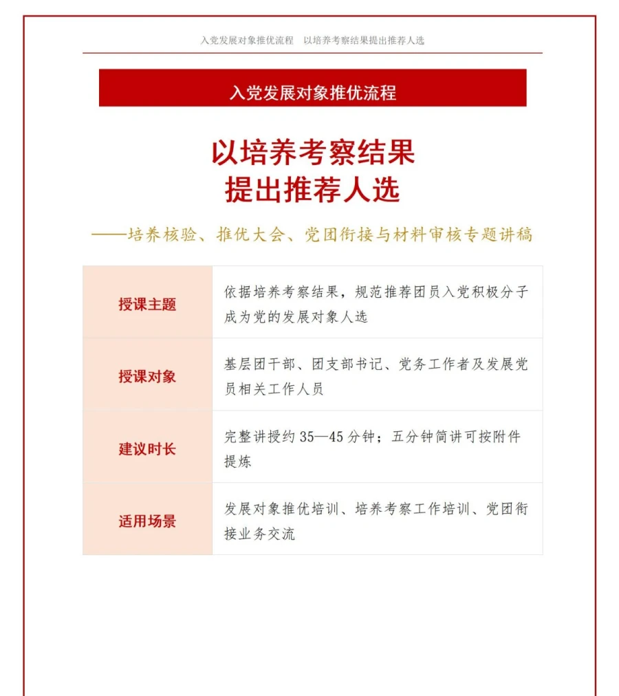 入党发展对象推优流程PPT：以培养考察结果提出推荐人选｜课件+讲稿讲稿预览1