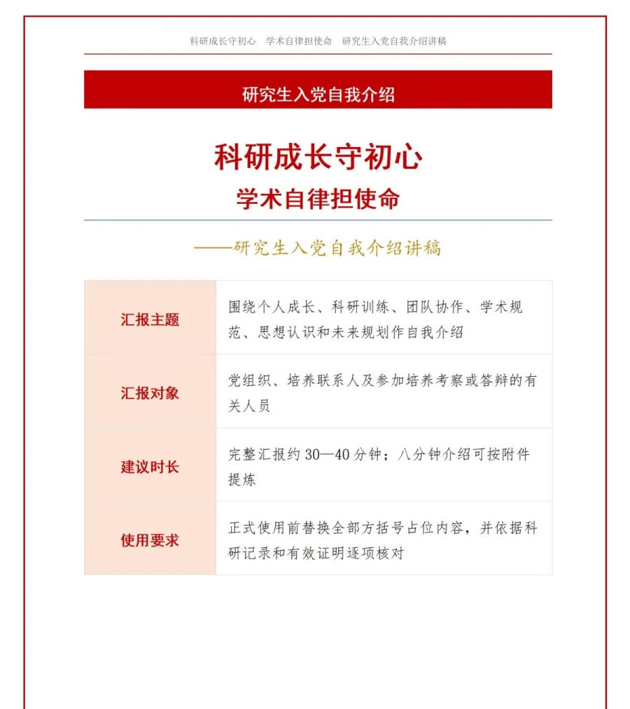 研究生入党自我介绍PPT：科研成长与学术自律｜课件+讲稿讲稿预览1