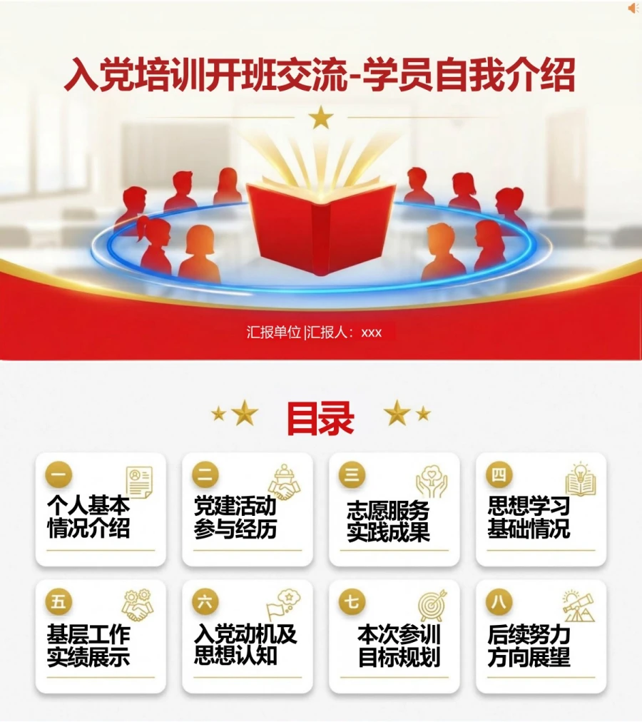 入党培训自我介绍PPT：开班交流中的学员自我展示｜课件+讲稿封面图1