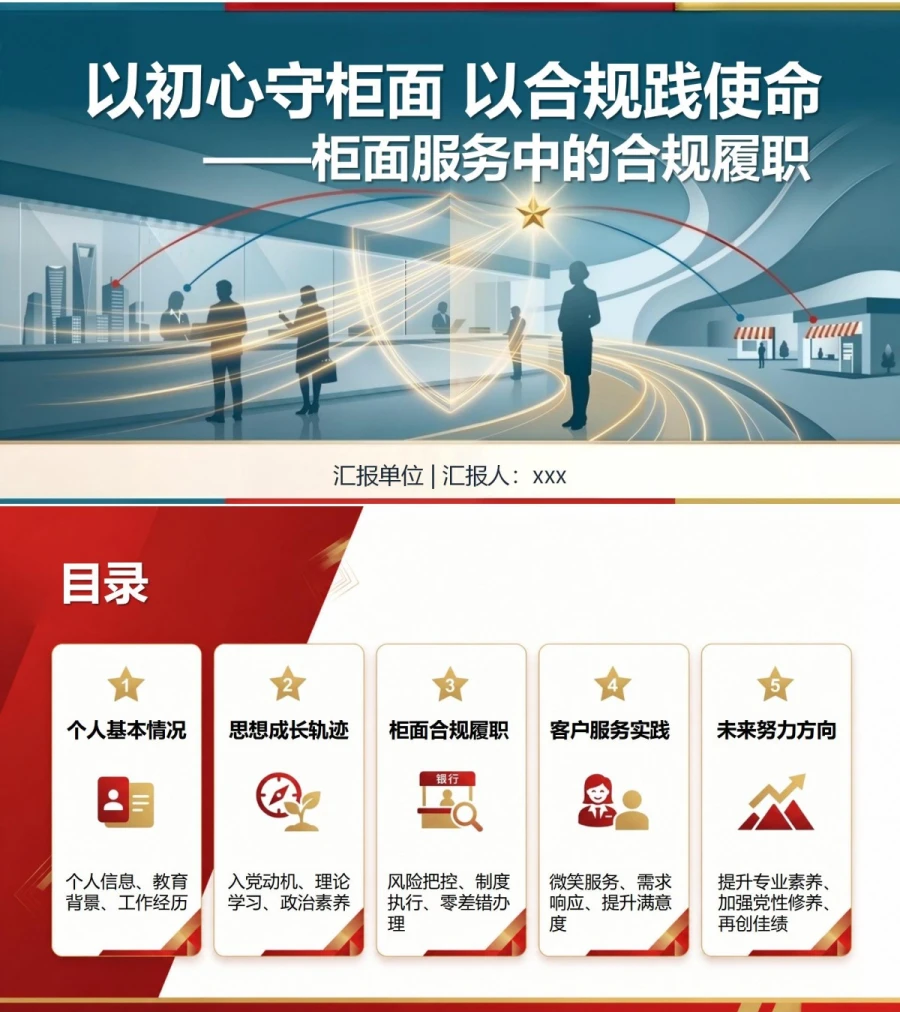 银行工作人员入党自我介绍PPT：柜面服务中的合规履职｜课件+讲稿封面图1