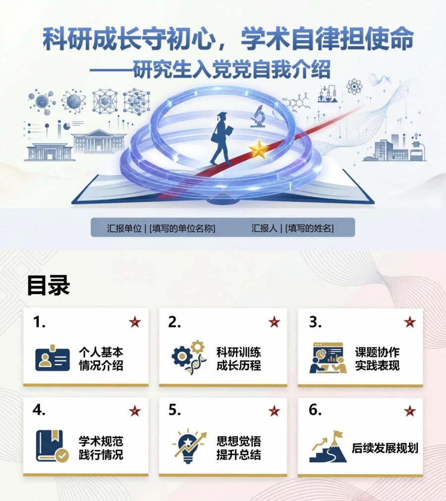 研究生入党自我介绍PPT：科研成长与学术自律｜课件+讲稿封面图1