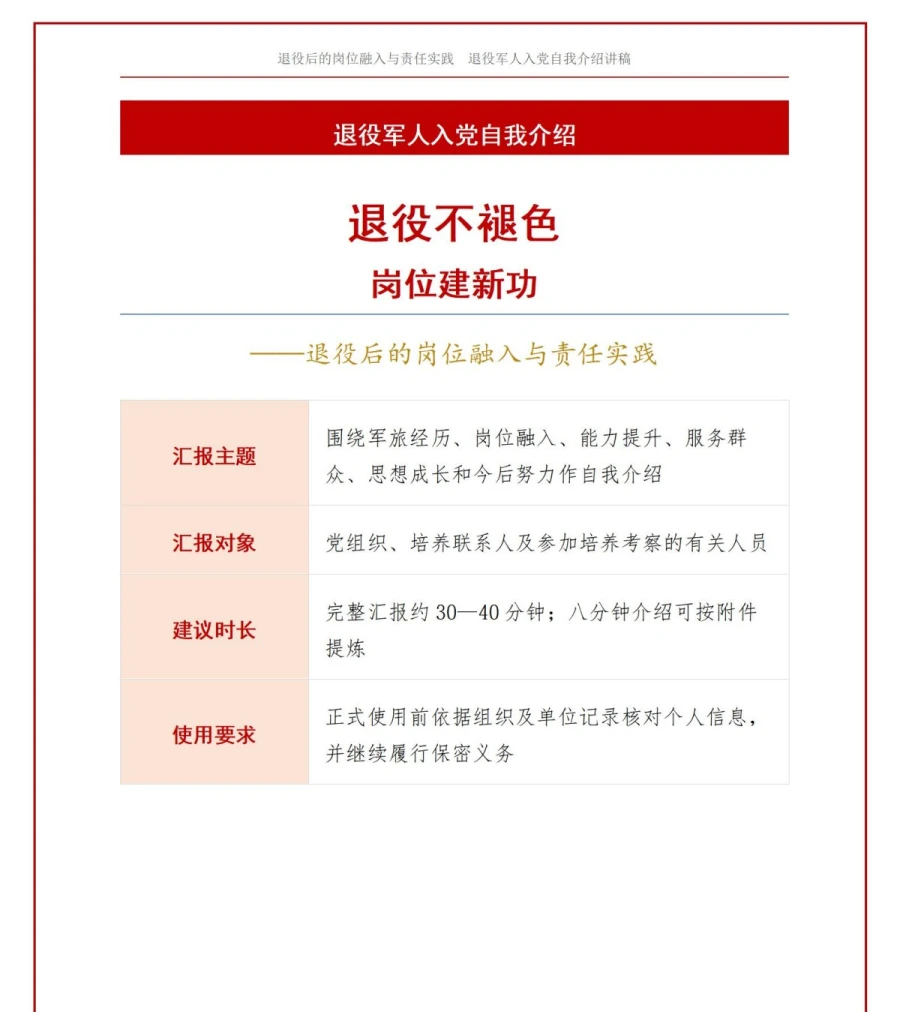 退役军人入党自我介绍PPT：退役后的岗位融入历程｜课件+讲稿讲稿预览1