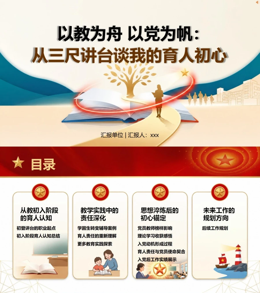 教师入党自我介绍PPT：从教学经历谈育人责任｜课件+讲稿封面图1