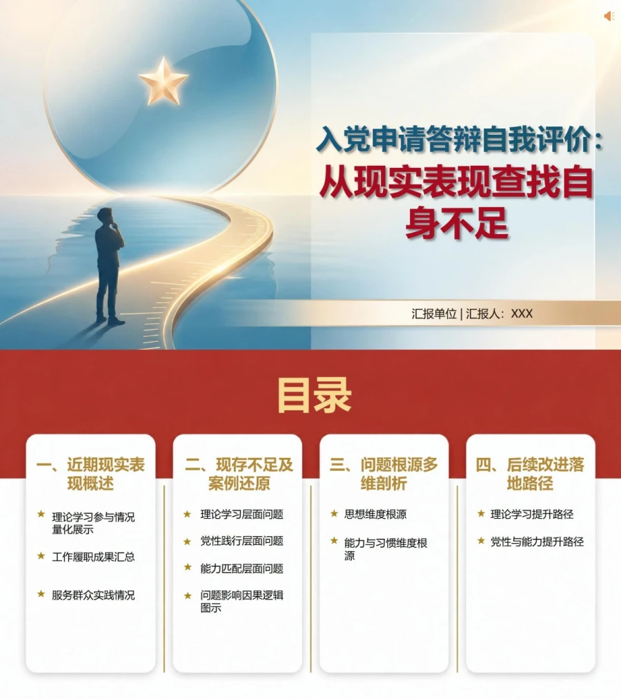 入党申请答辩自我评价PPT：从现实表现查找自身不足｜课件+讲稿封面图1