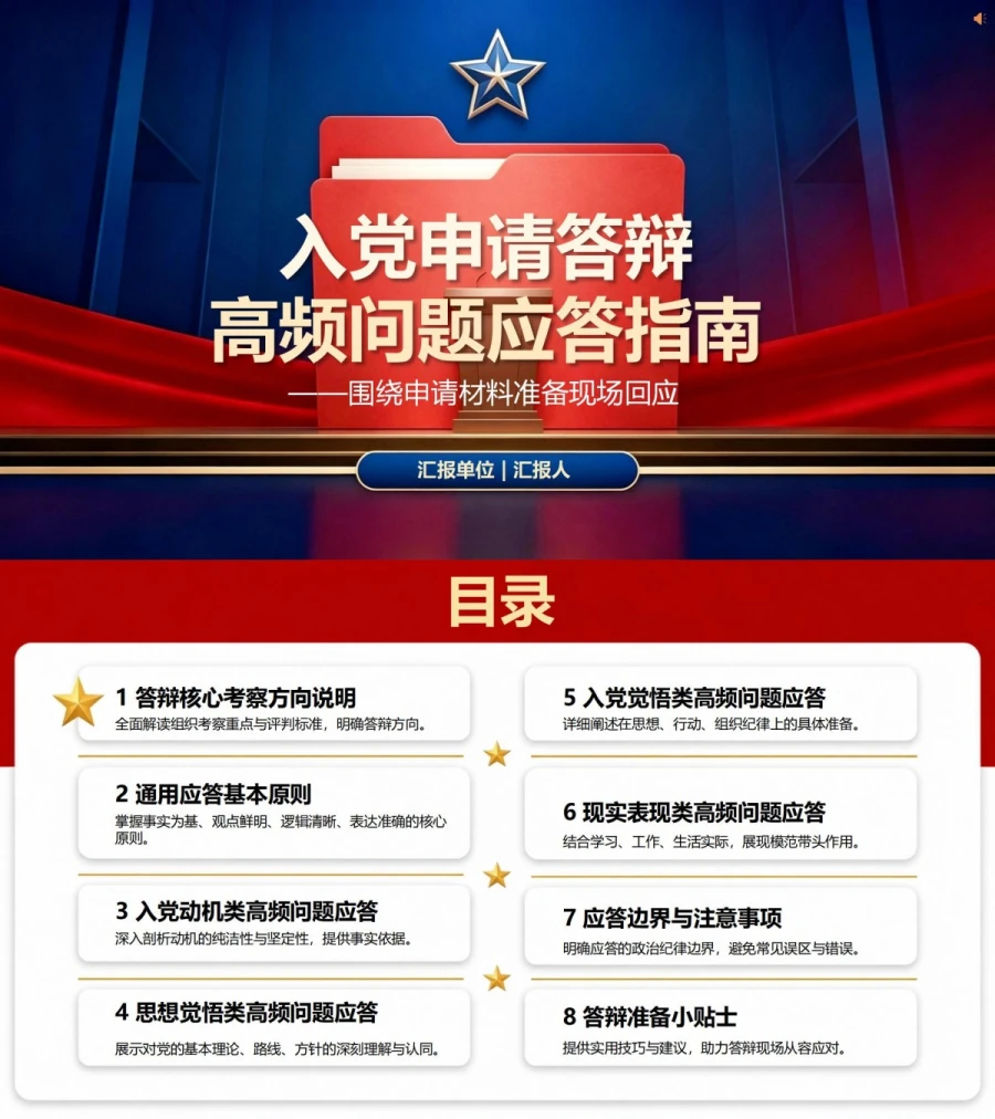 入党申请答辩常问问题PPT：围绕申请材料准备现场回应｜课件+讲稿封面图1