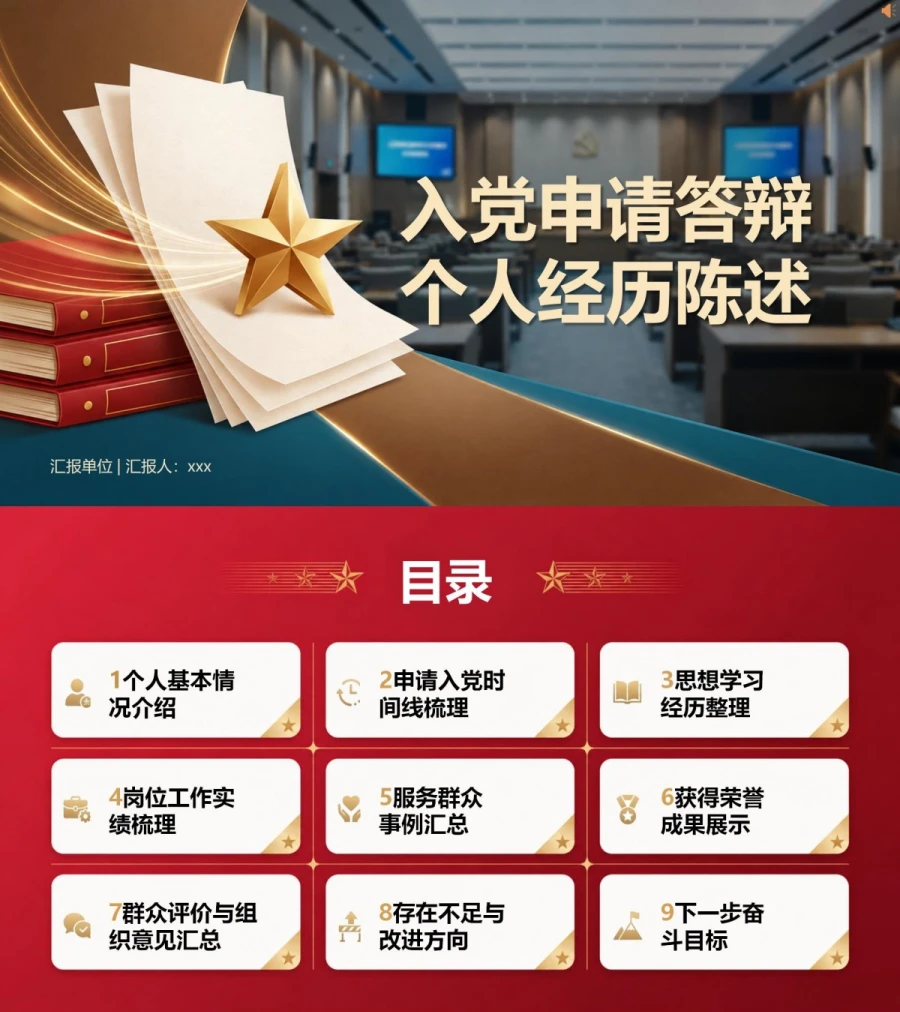 入党申请答辩材料PPT：把个人经历整理成答辩依据｜课件+讲稿封面图1