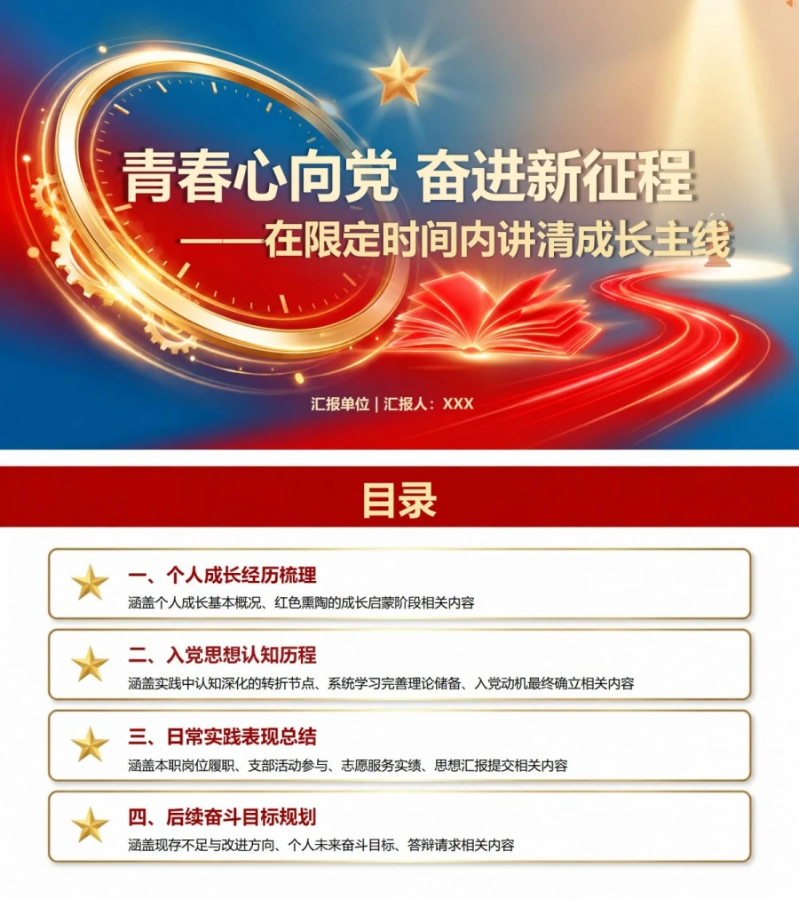 入党申请答辩三分钟PPT：在限定时间内讲清成长主线｜课件+讲稿封面图1
