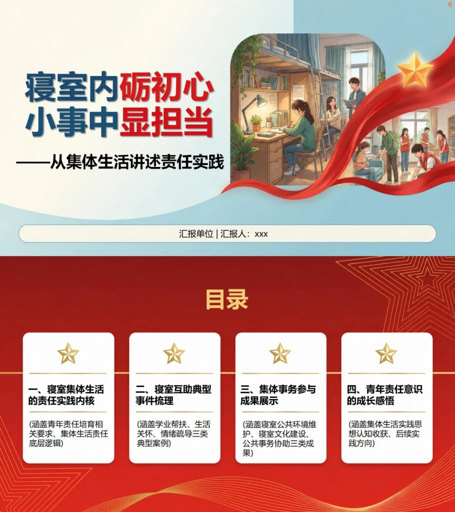 入党申请答辩寝室表现PPT：从集体生活讲述责任实践｜课件+讲稿封面图1