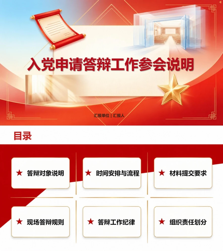 入党申请答辩通知PPT：答辩会前的参会说明｜课件+讲稿封面图1