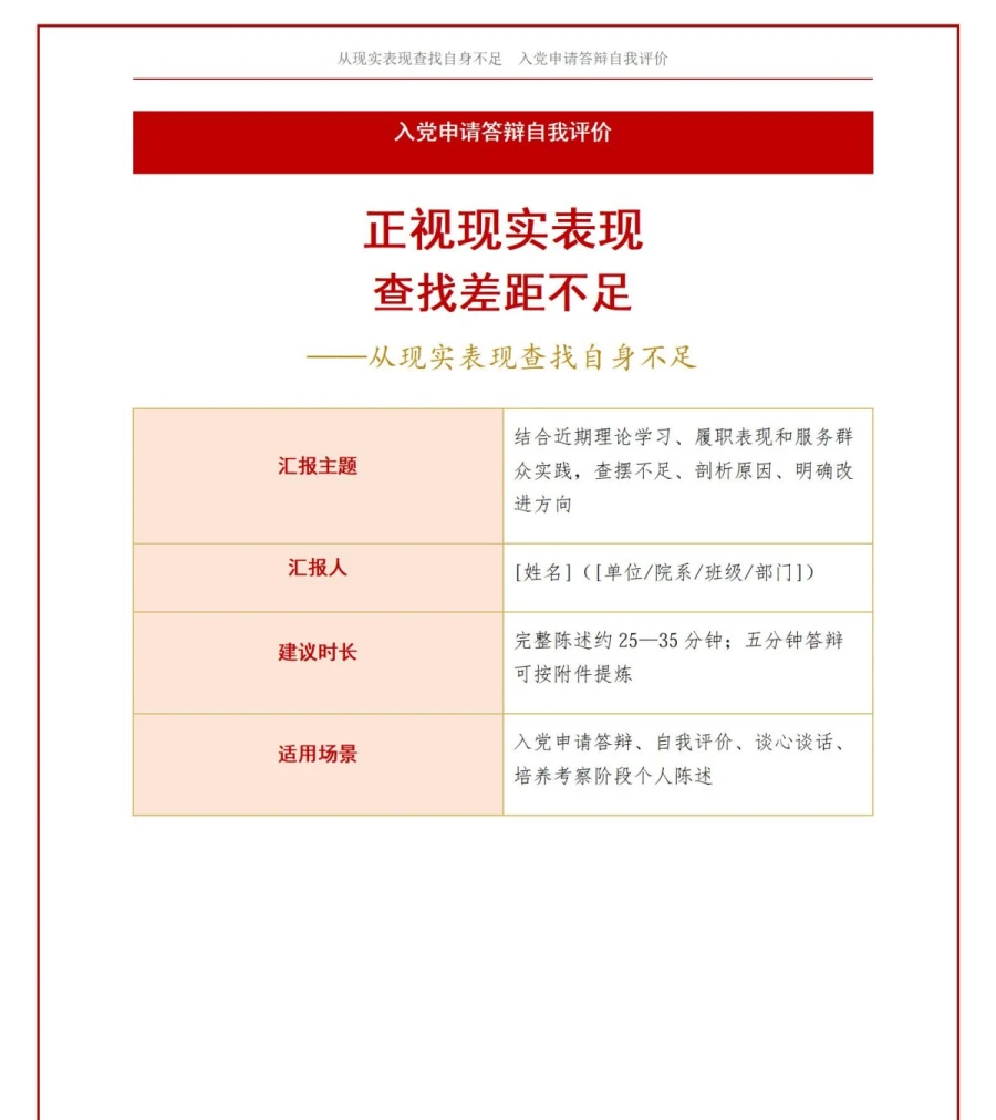 入党申请答辩自我评价PPT：从现实表现查找自身不足｜课件+讲稿讲稿预览1