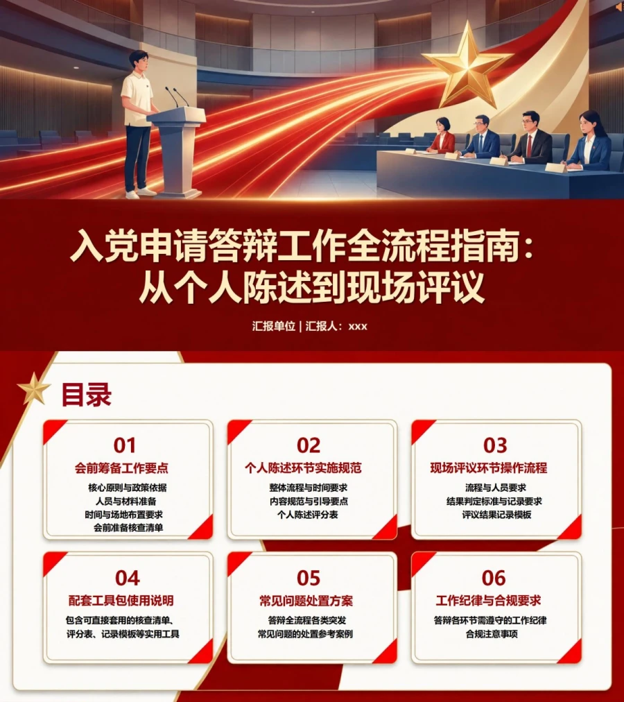 入党申请答辩流程PPT：从个人陈述到现场评议｜课件+讲稿封面图1