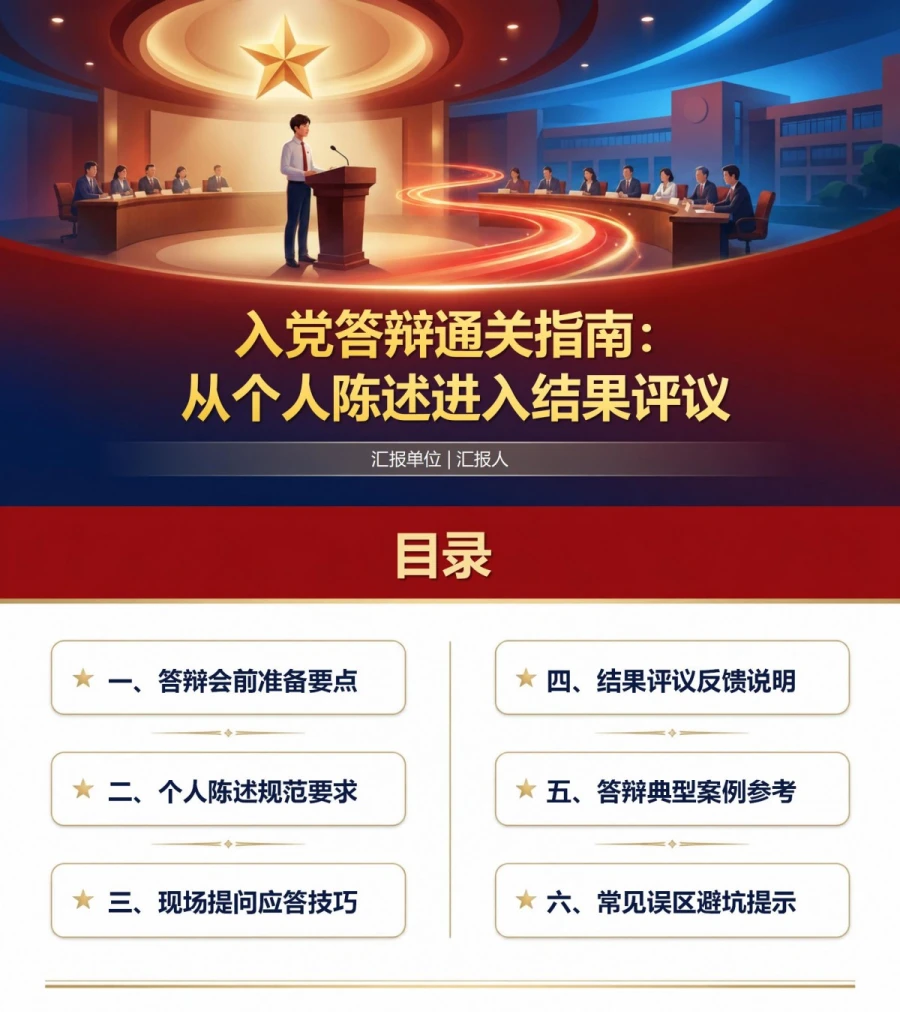 大学生入党答辩流程PPT：从个人陈述进入结果评议｜课件+讲稿封面图1