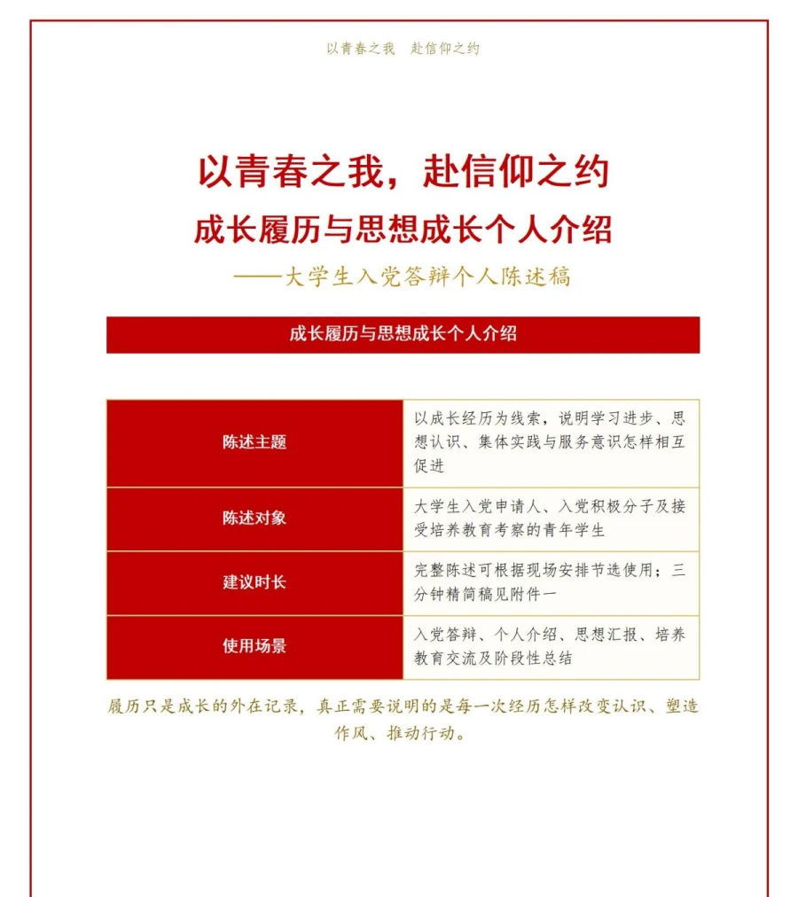 大学生入党个人介绍答辩PPT：用成长履历完成个人介绍｜课件+讲稿讲稿预览1
