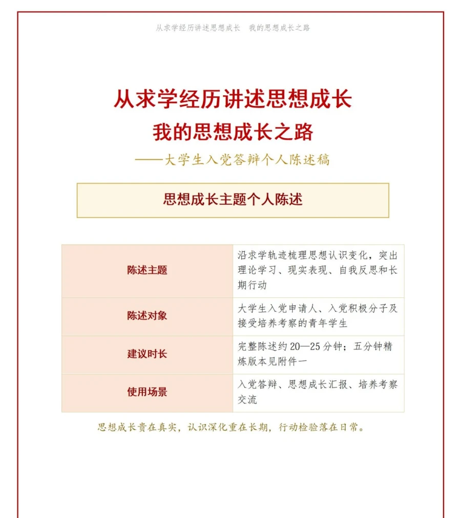 大学生入党答辩范文PPT：从求学经历讲述思想成长｜课件+讲稿讲稿预览1