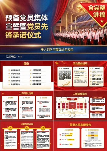 集中入党宣誓仪式PPT:多人列队与集体姓名报告|课件+讲稿