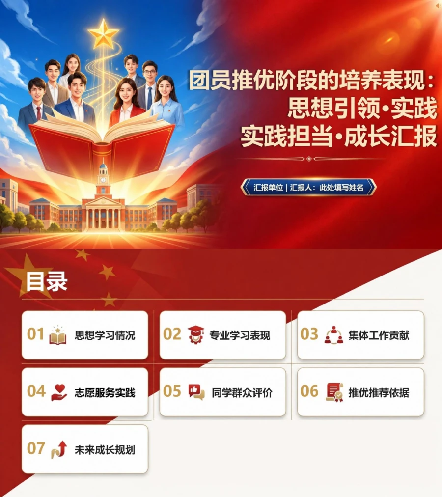 大学生入党推优答辩PPT：团员推优阶段的培养表现｜课件+讲稿封面图1