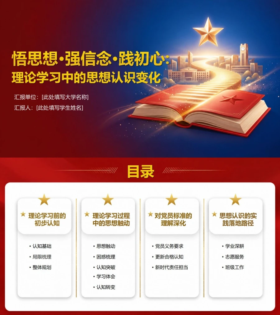 大学生入党答辩思想认识PPT：理论学习中的思想认识变化｜课件+讲稿封面图1