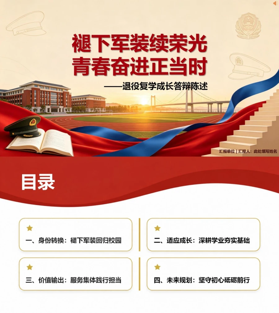 退役大学生入党答辩PPT：退役复学后的校园成长陈述｜课件+讲稿封面图1