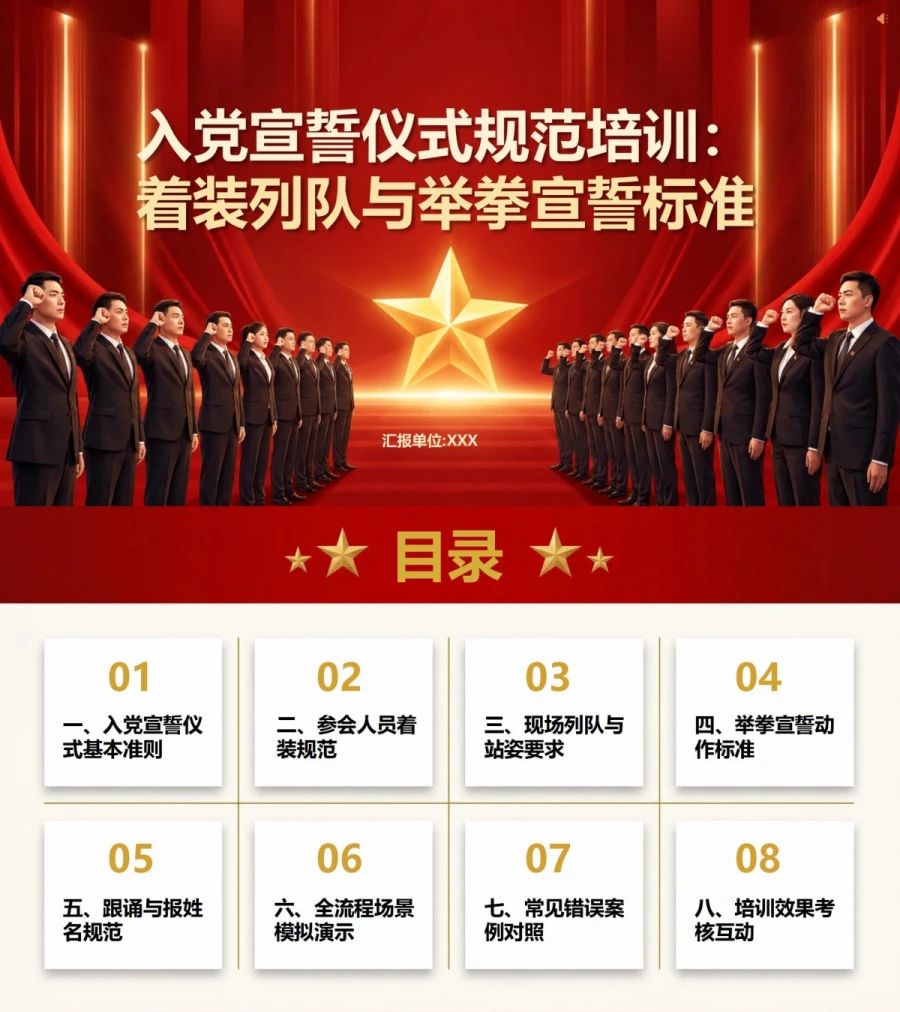 入党宣誓仪式规范PPT：着装列队与举拳宣誓标准｜课件+讲稿封面图1