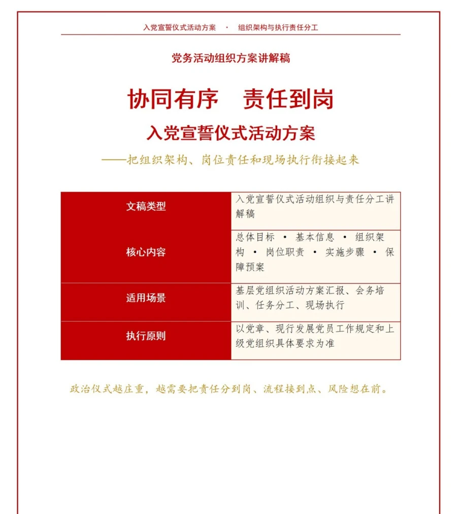入党宣誓仪式活动方案PPT：组织架构与执行责任分工｜课件+讲稿讲稿预览1
