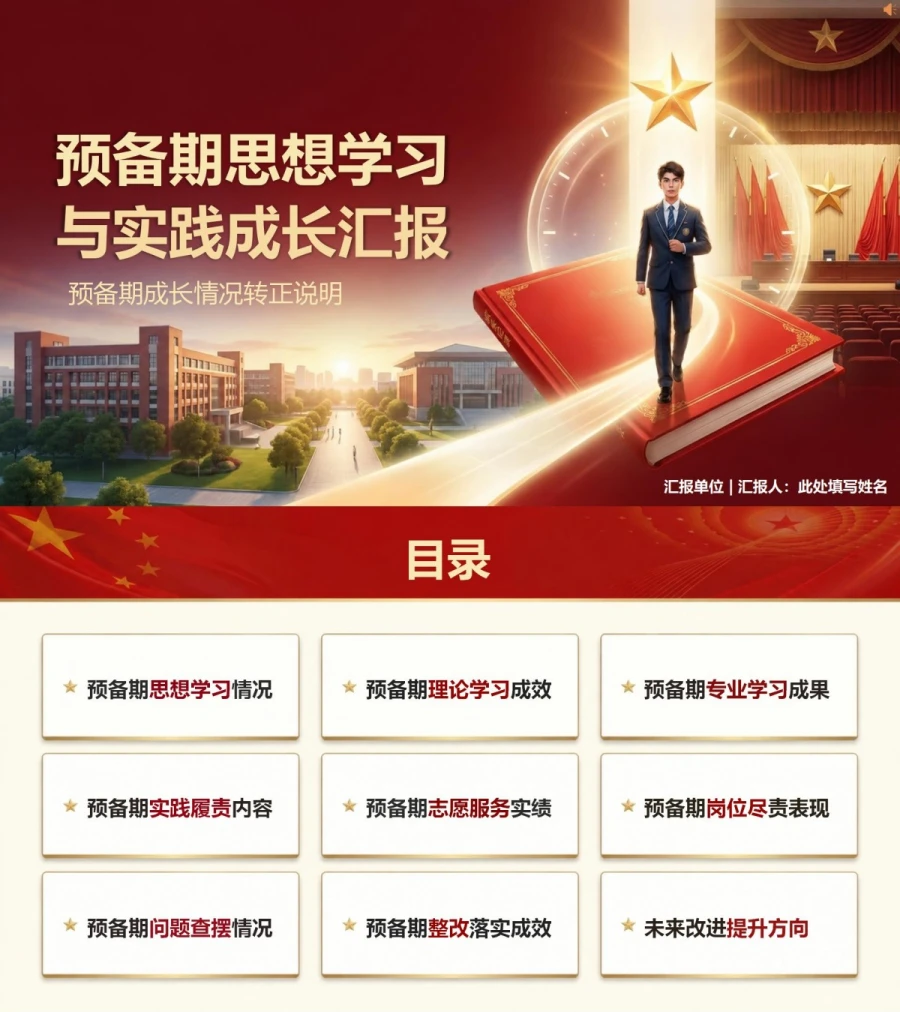 大学生入党转正答辩PPT：预备期成长情况转正说明｜课件+讲稿封面图1