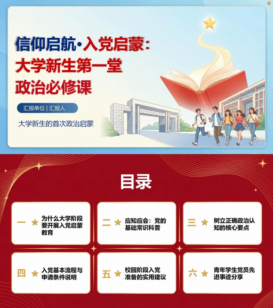 新生入党启蒙教育PPT：大学新生的首次政治启蒙｜课件+讲稿封面图1
