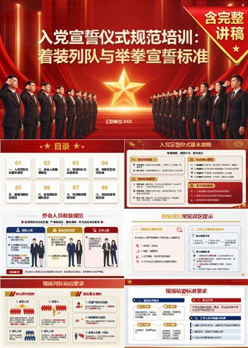 入党宣誓仪式规范PPT:着装列队与举拳宣誓标准|课件+讲稿