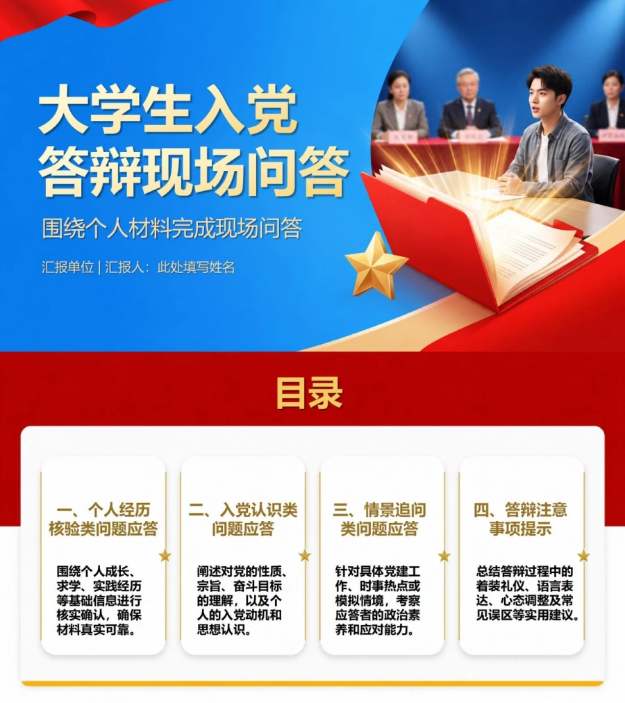 大学生入党答辩问题PPT：围绕个人材料完成现场问答｜课件+讲稿封面图1