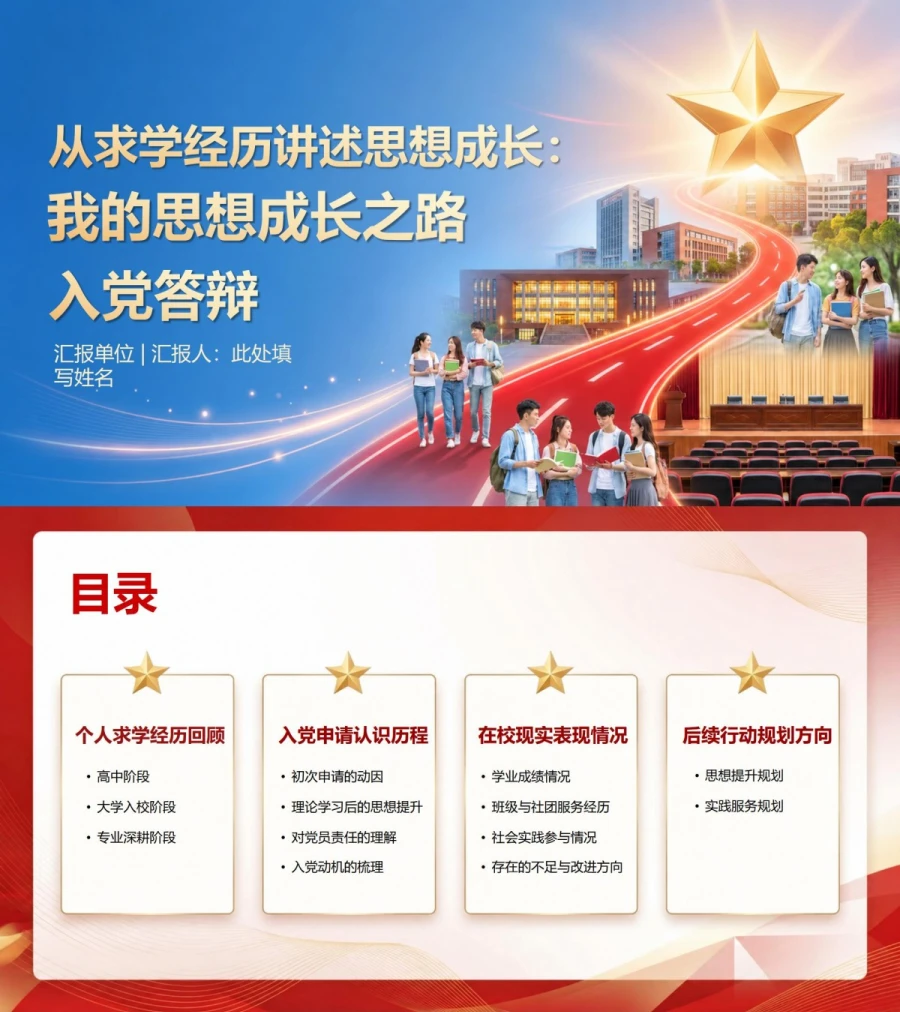 大学生入党答辩范文PPT：从求学经历讲述思想成长｜课件+讲稿封面图1