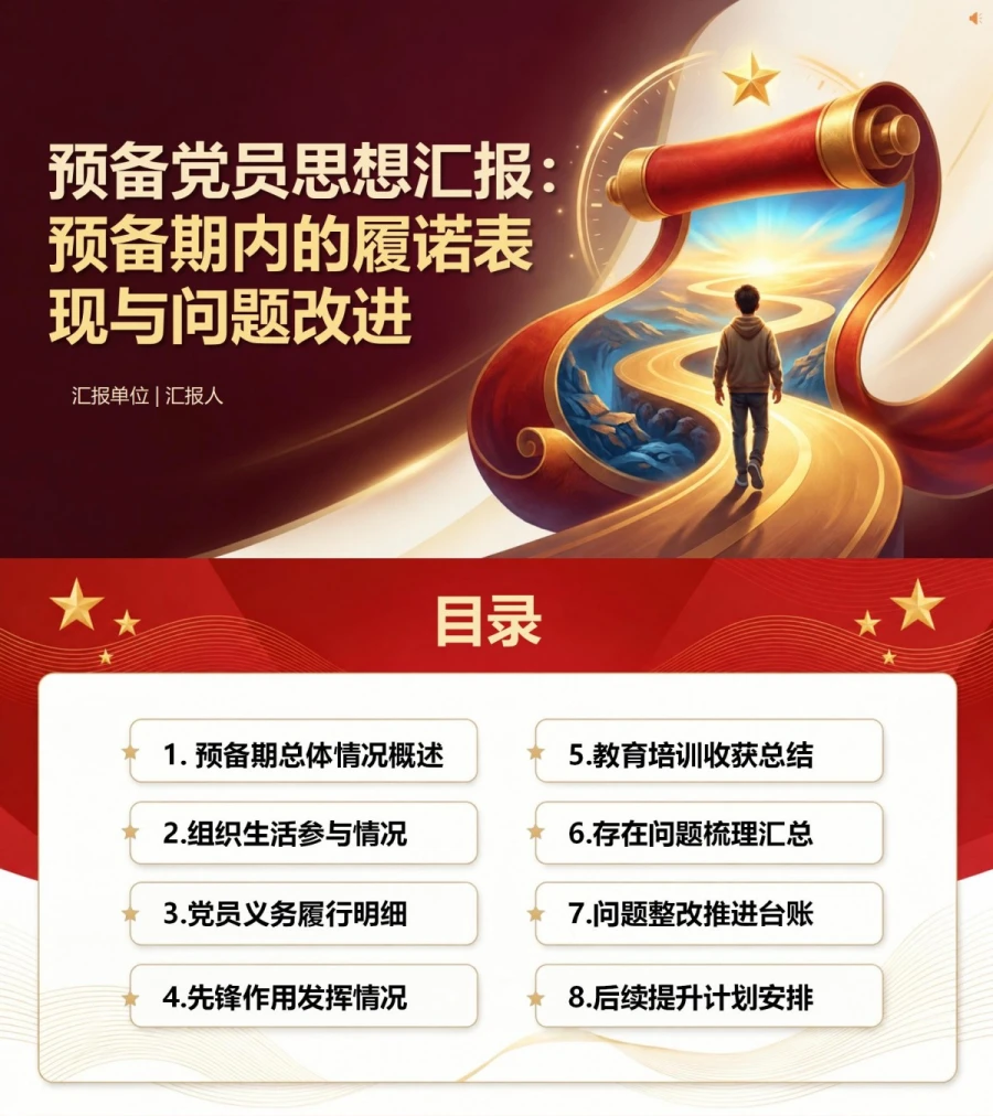 入党预备党员思想汇报PPT：预备期内的履诺表现与问题改进｜课件+讲稿封面图1