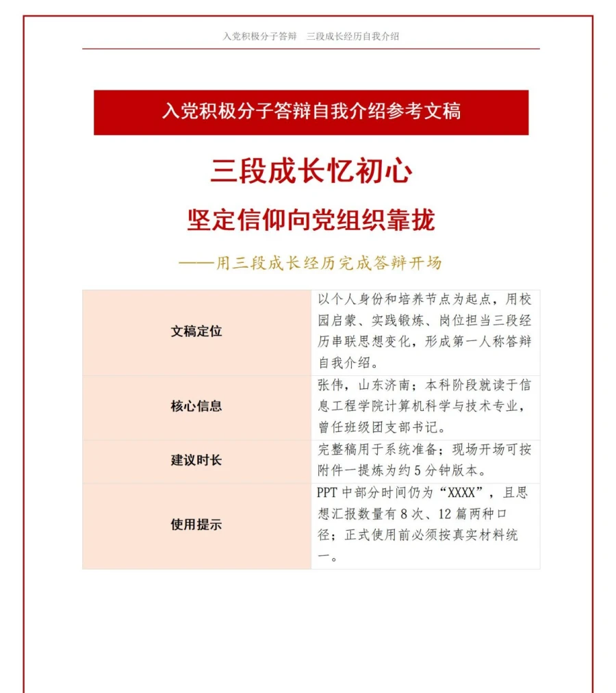 入党积极分子答辩自我介绍PPT：用三段成长经历完成答辩开场｜课件+讲稿讲稿预览1