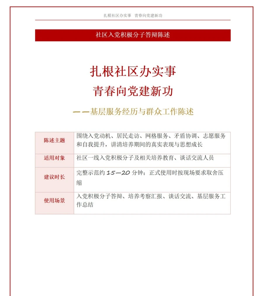 社区入党积极分子答辩PPT：基层服务经历与群众工作陈述｜课件+讲稿讲稿预览1