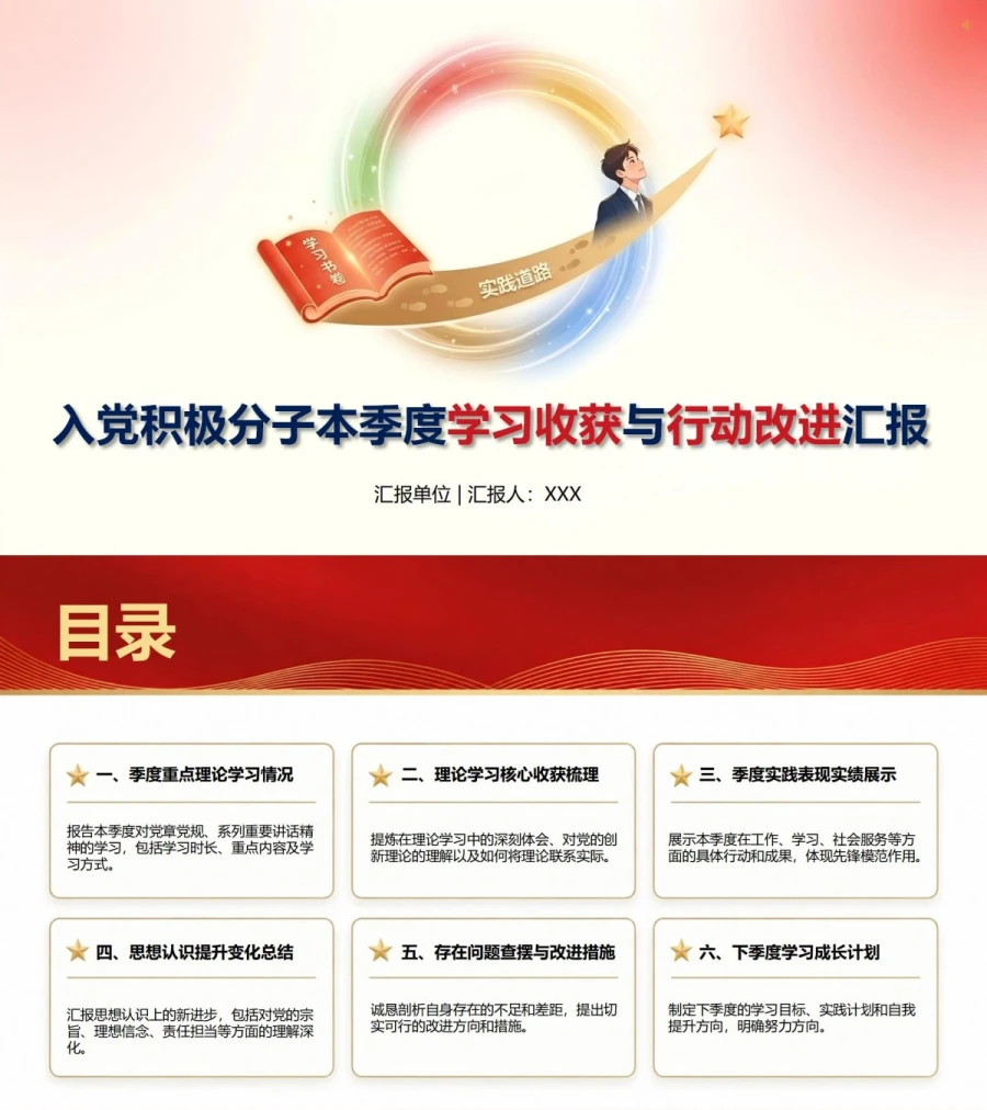 入党积极分子季度思想汇报PPT：本季度学习收获与行动改进｜课件+讲稿封面图1