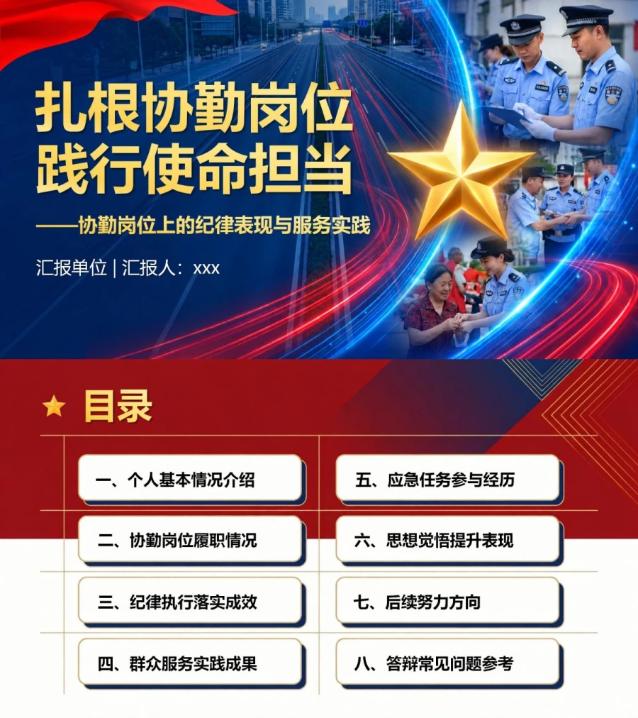 辅警入党积极分子答辩PPT：协勤岗位上的纪律表现与服务实践｜课件+讲稿封面图1