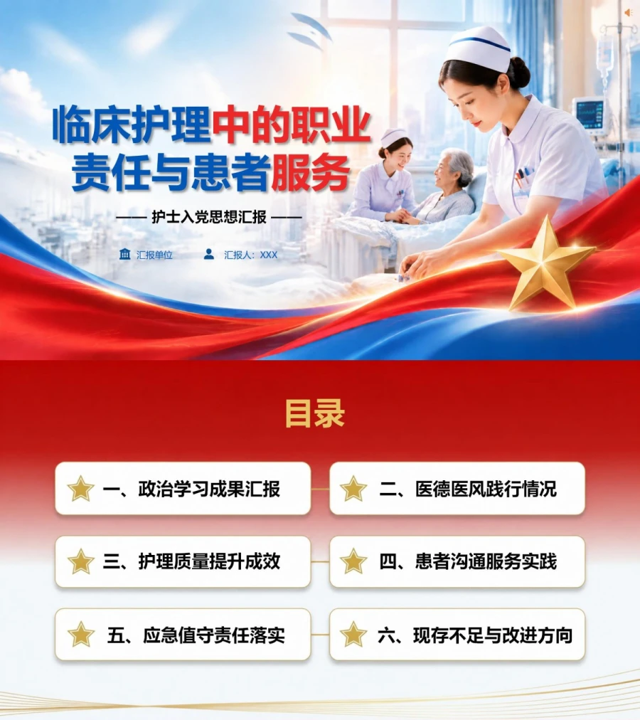 护士入党思想汇报PPT：临床护理中的职业责任与患者服务｜课件+讲稿封面图1