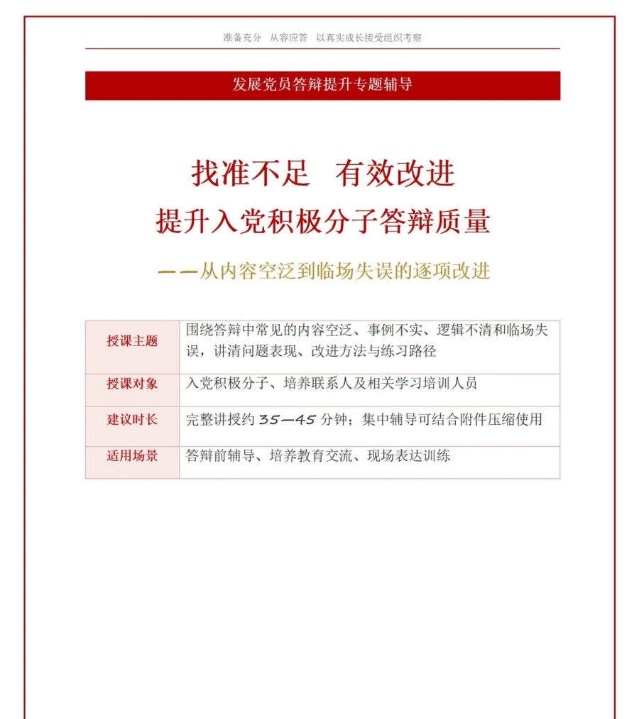 入党积极分子答辩不足PPT：从内容空泛到临场失误的逐项改进｜课件+讲稿讲稿预览1