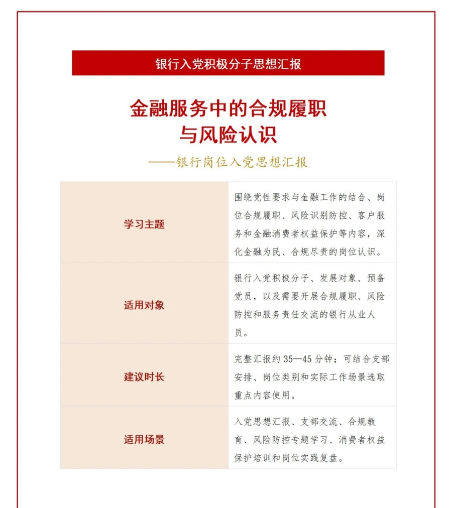 银行入党积极分子思想汇报PPT：金融服务中的合规履职与风险认识｜课件+讲稿讲稿预览1