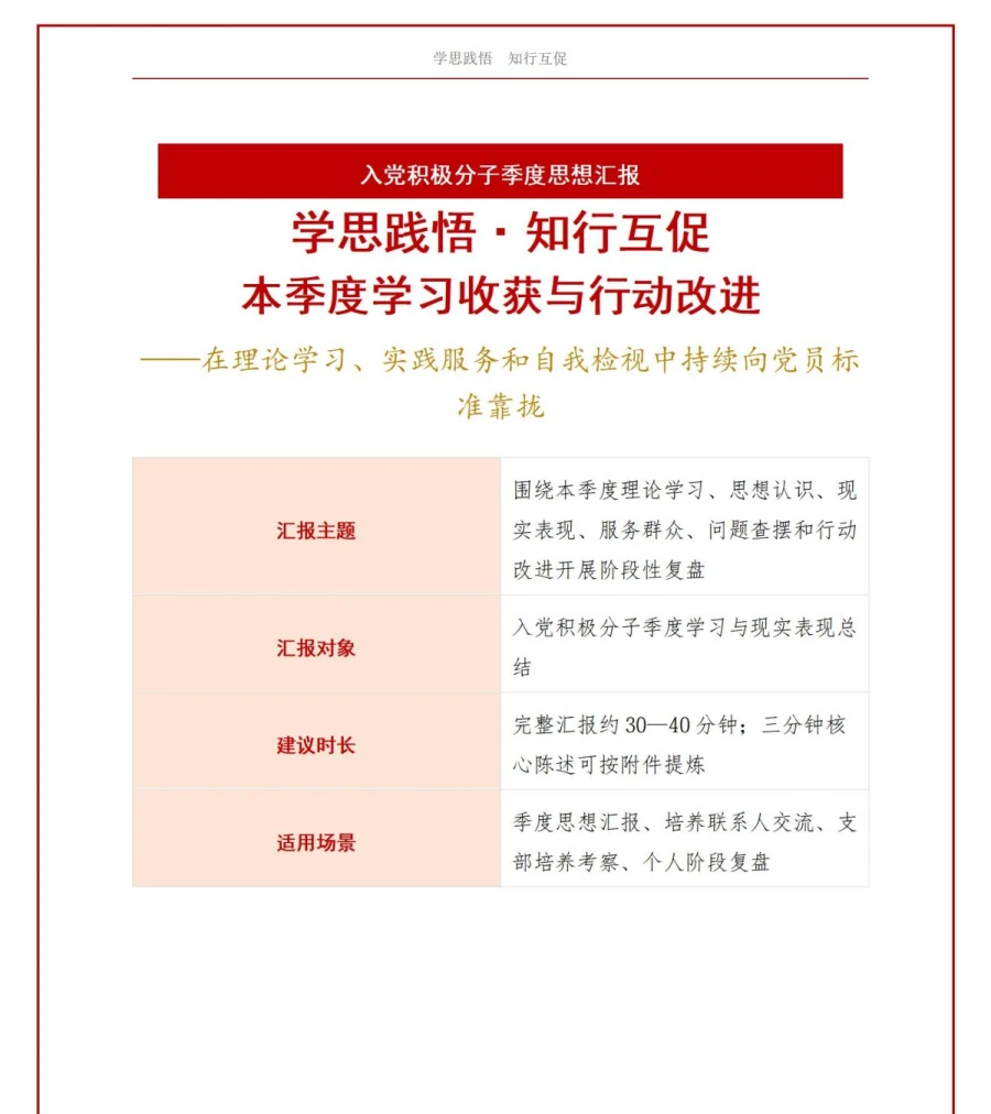 入党积极分子季度思想汇报PPT：本季度学习收获与行动改进｜课件+讲稿讲稿预览1