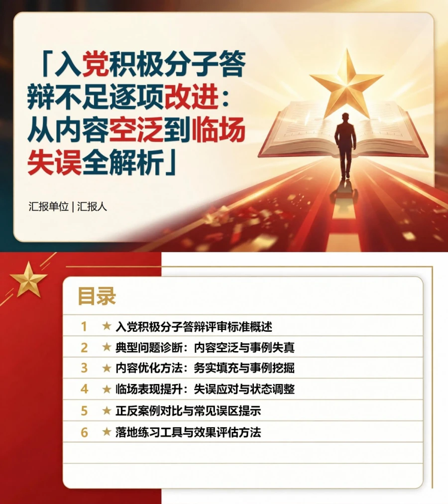 入党积极分子答辩不足PPT：从内容空泛到临场失误的逐项改进｜课件+讲稿封面图1