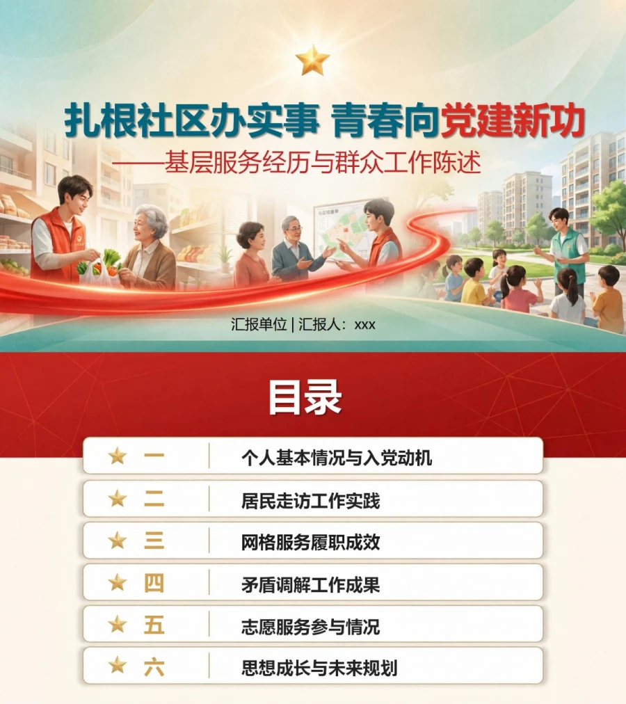 社区入党积极分子答辩PPT：基层服务经历与群众工作陈述｜课件+讲稿封面图1