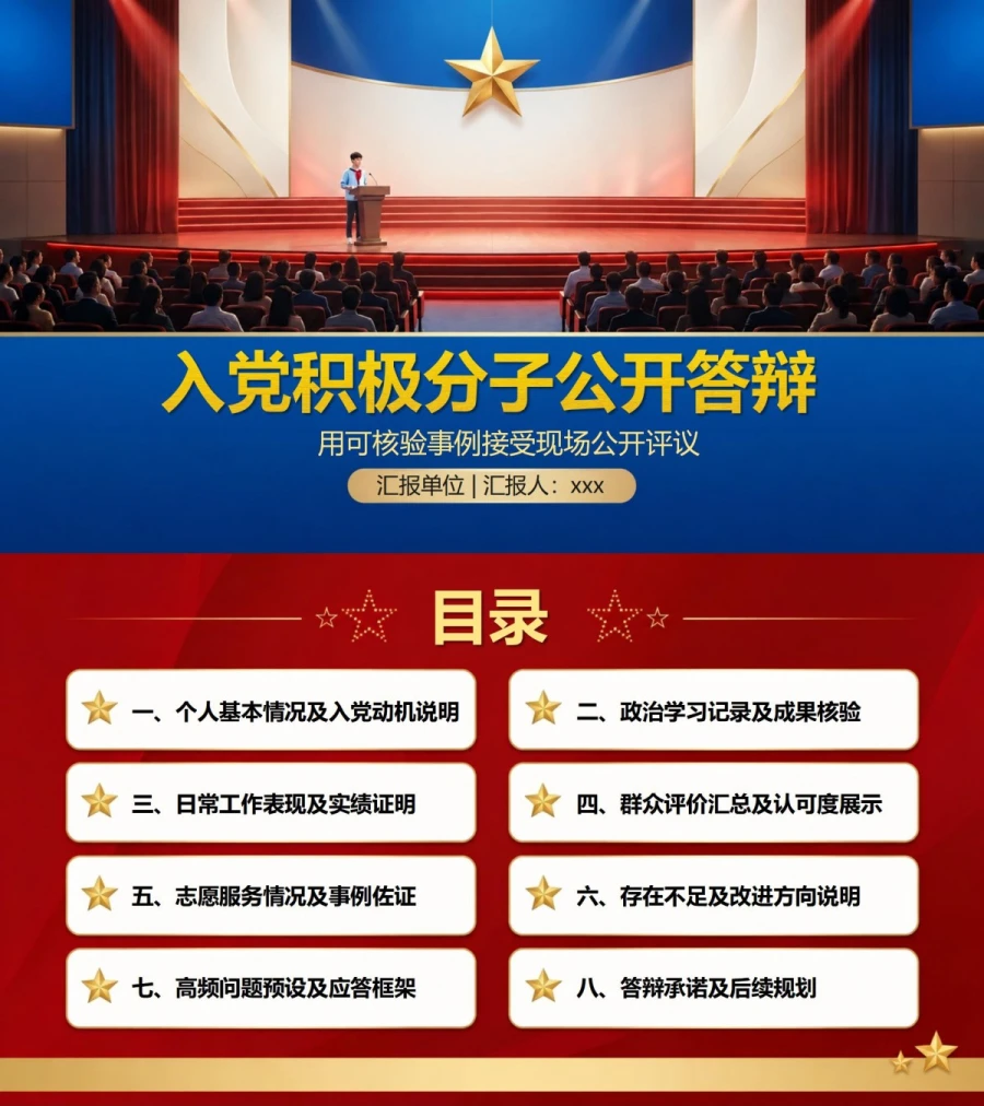 入党积极分子公开答辩PPT：用可核验事例接受现场公开评议｜课件+讲稿封面图1